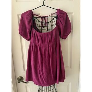 LeLis Babydoll Dress Puff Sleeve SquareNeck Cottagecore Mini Berry Sz M Tie Back